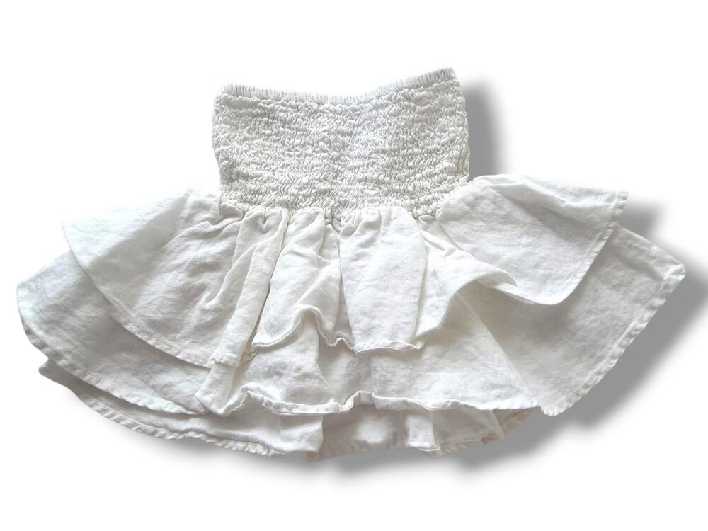 Zara Girls Size 9 White Ruffled Smocked Elastic Waist 100% Linen Skirt